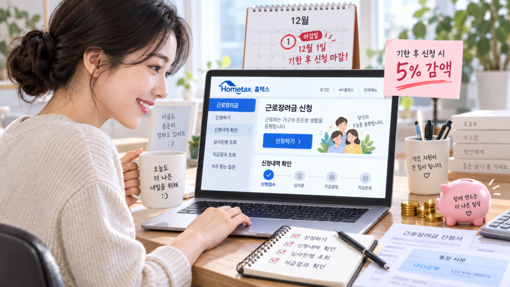 홈택스에서 근로장려금 기한 후 신청과 진행상황을 확인하는 모습