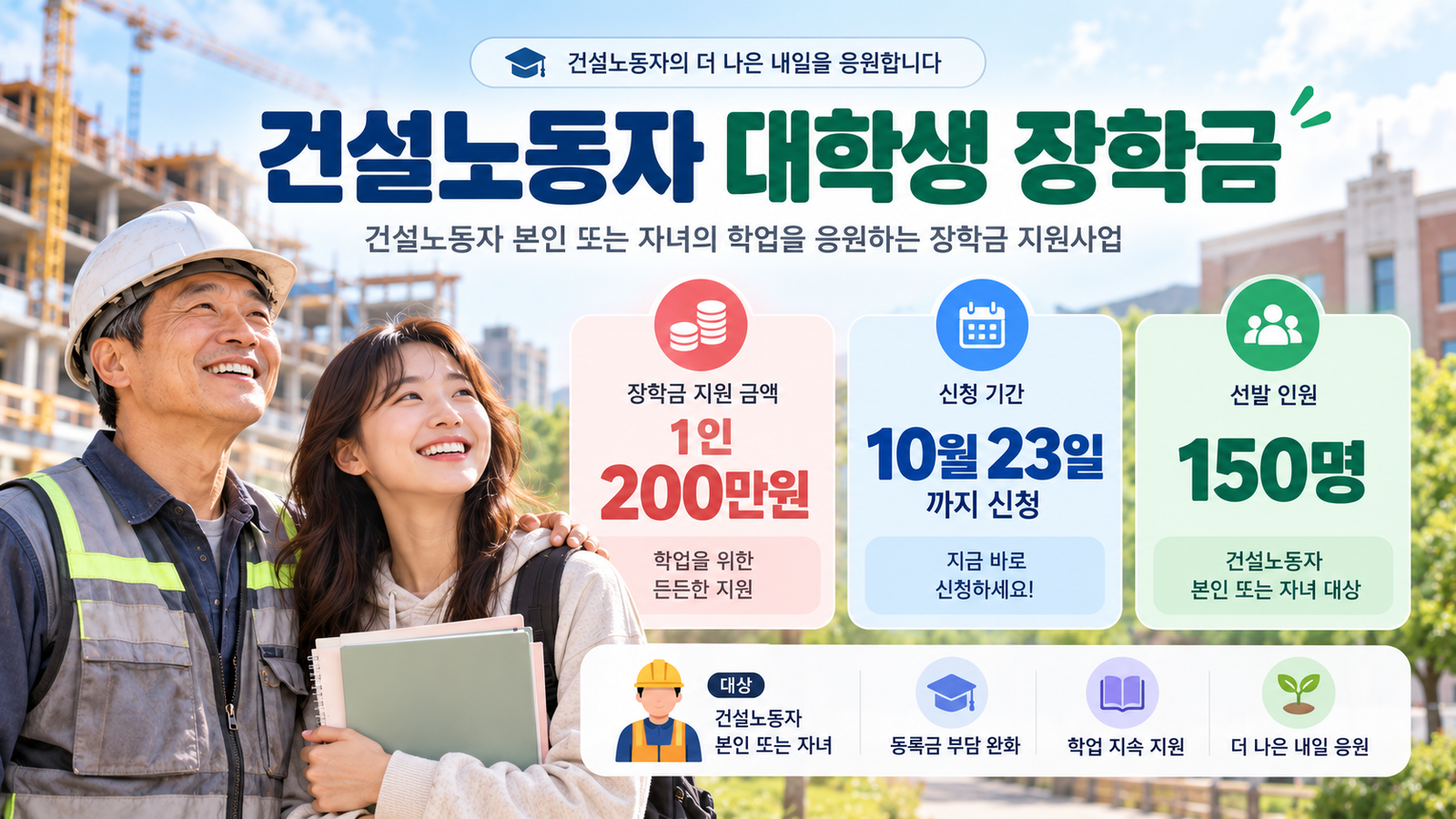 건설노동자 대학생 장학금 200만원 지원 안내