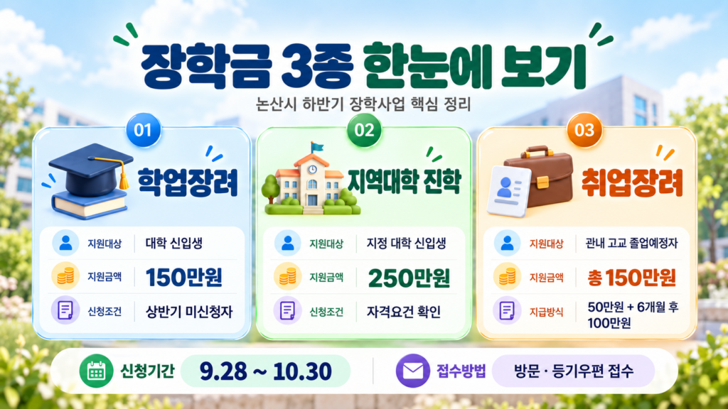 논산시 학업장려·지역대학 진학·취업장려 장학금 비교 안내