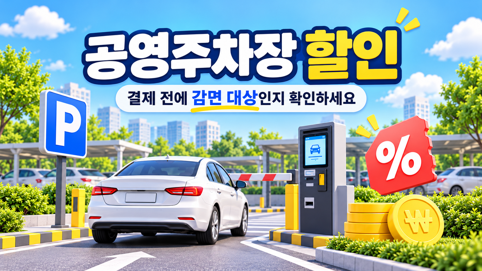 공영주차장 할인 안내와 감면 대상 확인을 표현한 주차장 할인
