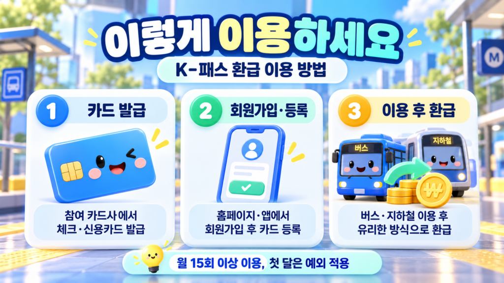 K-패스 이용방법 3단계, 카드 발급부터 회원가입·등록 및 대중교통 이용 후 환급까지 안내