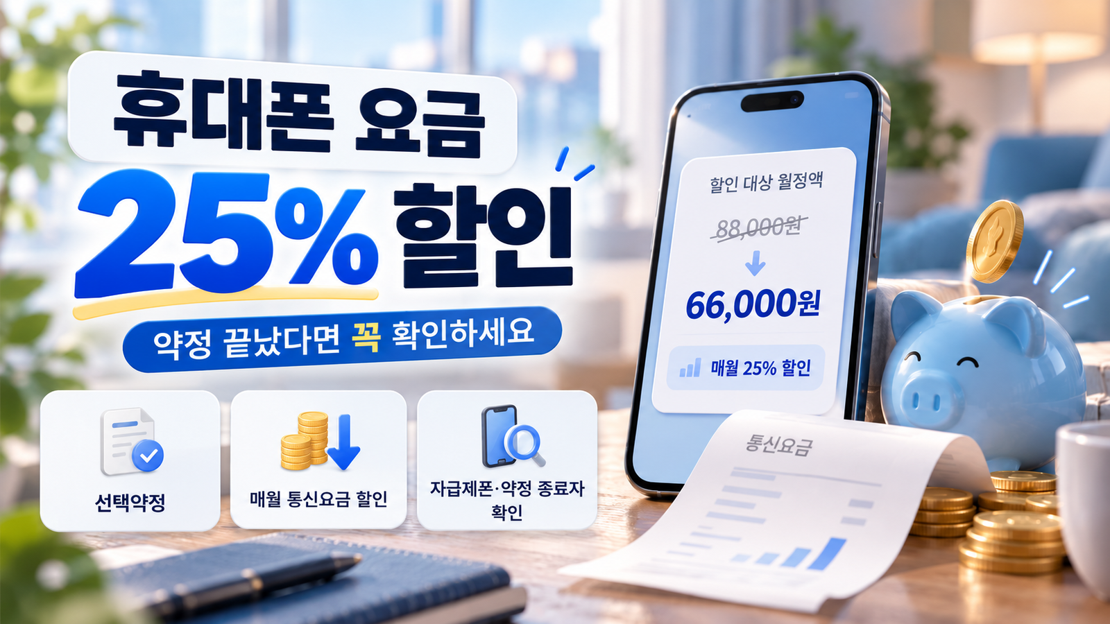 휴대폰 요금 25% 선택약정 할인 안내, 약정 종료자와 자급제폰 이용자를 위한 매월 통신요금 할인 혜택